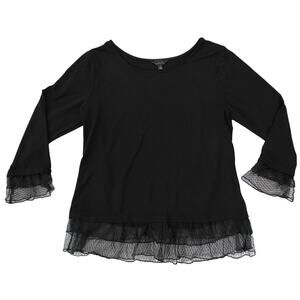 Adiva Black Ruffle Mesh Trim Top L Bell Sleeve Tunic Stretchy Pullover